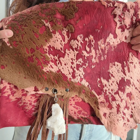 Pink-Brown Distressed Leather Crossbody Bag with Tassel - Picture 3 of 4